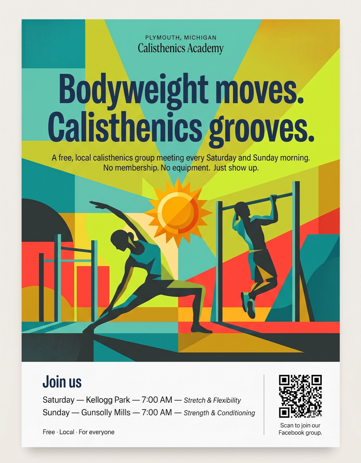 Colorful poster reading Bodyweight moves, Calisthenics grooves
