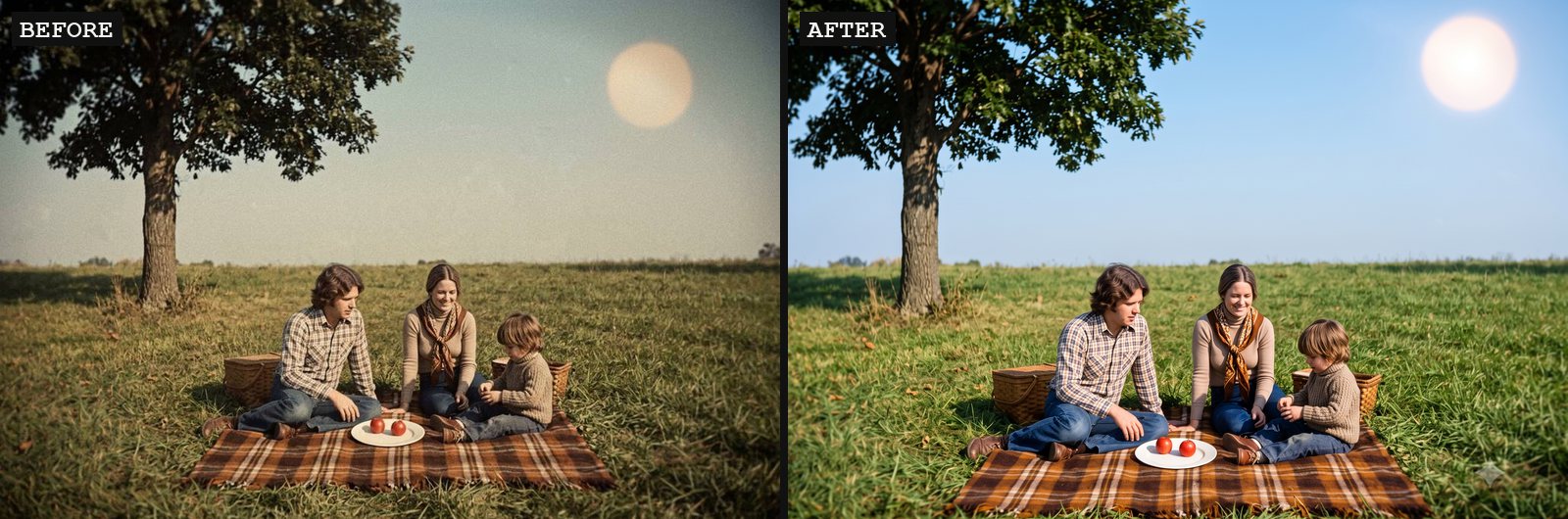 Faded family picnic photo beside a restored version