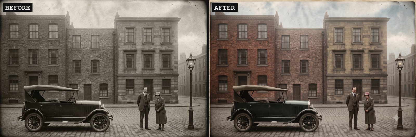Black-and-white street scene beside a colorized version
