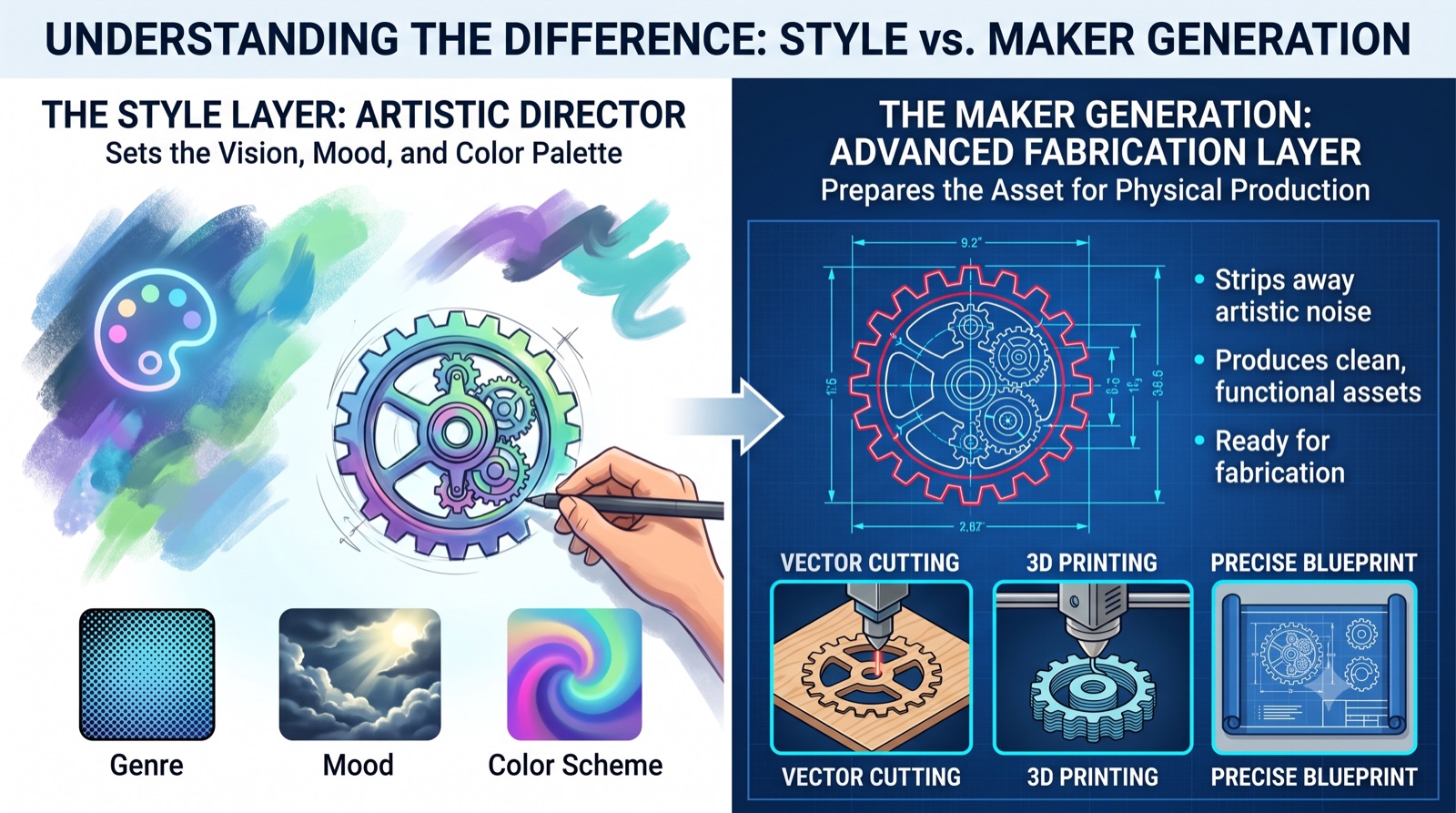 Infographic comparing artistic style with fabrication-ready output
