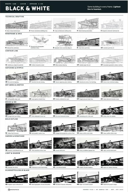 Poster page of 50 black-and-white restyles of the same building, grouped from technical drafting to solid silhouettes