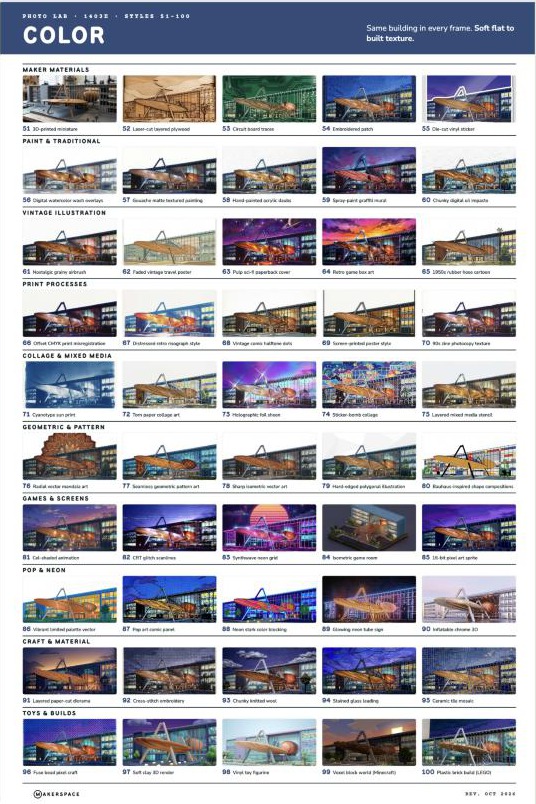 Poster page of 50 color restyles of the same building, from maker materials to toys and builds