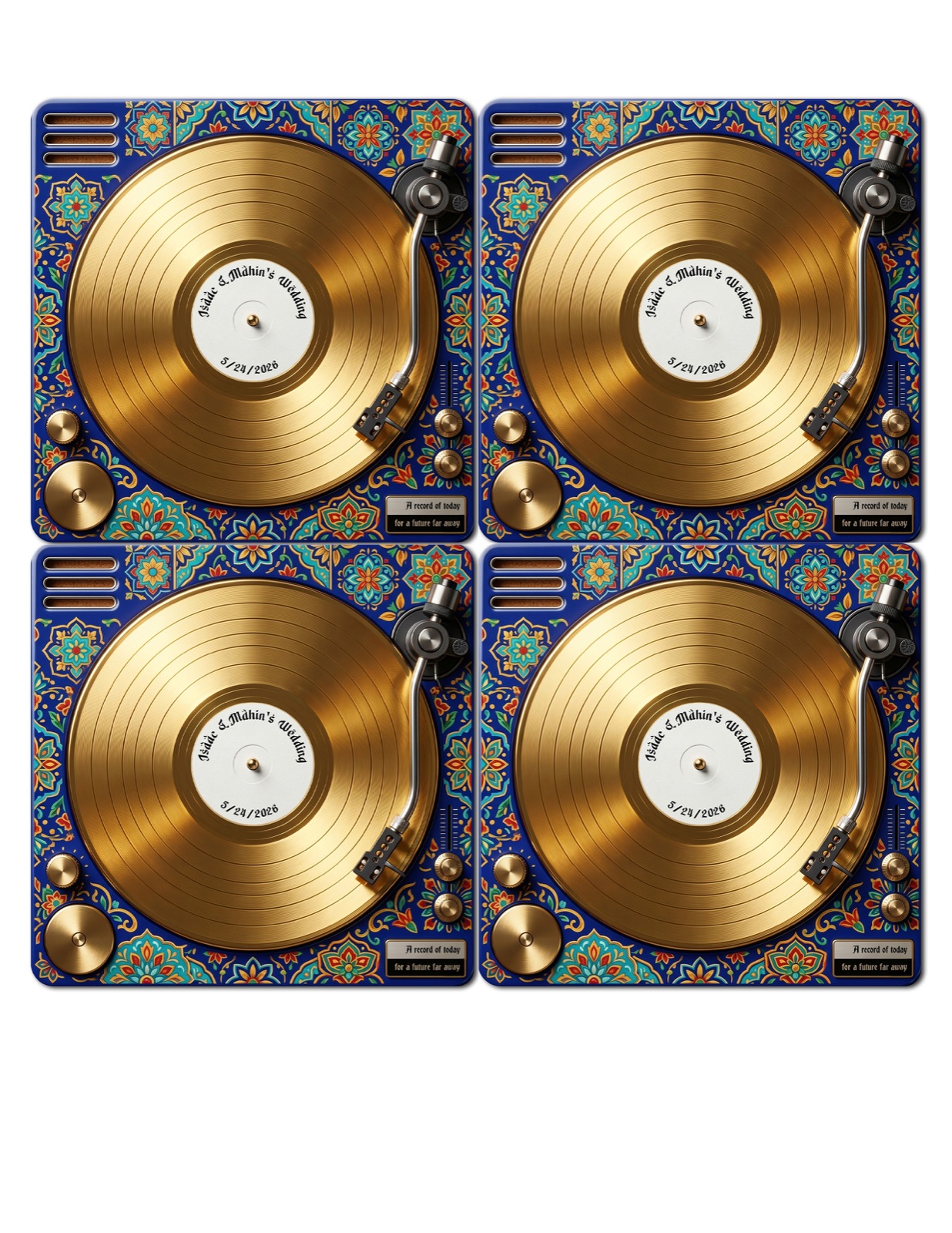 Four coasters printed with gold turntables on blue tile