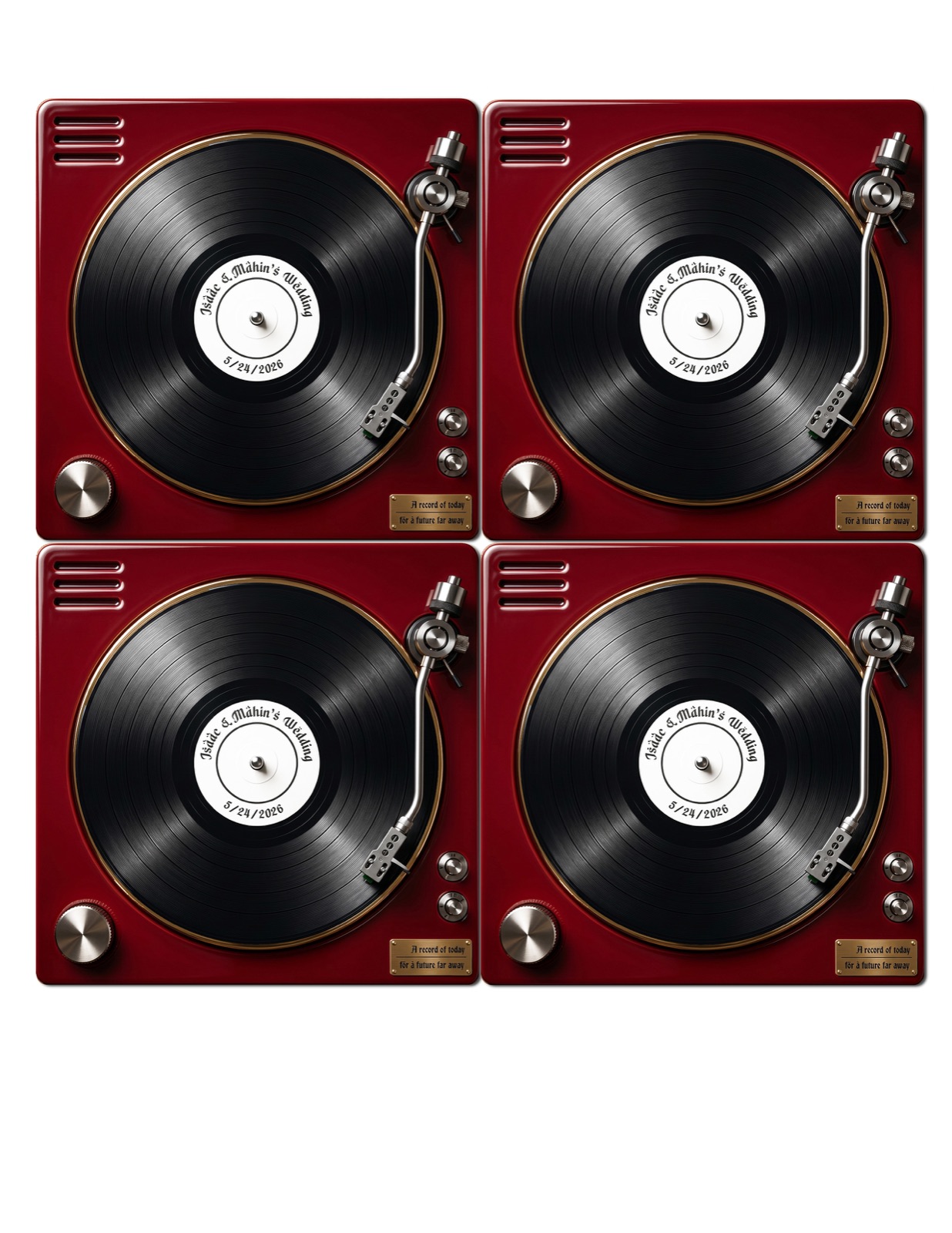 Four coasters printed with turntables on red