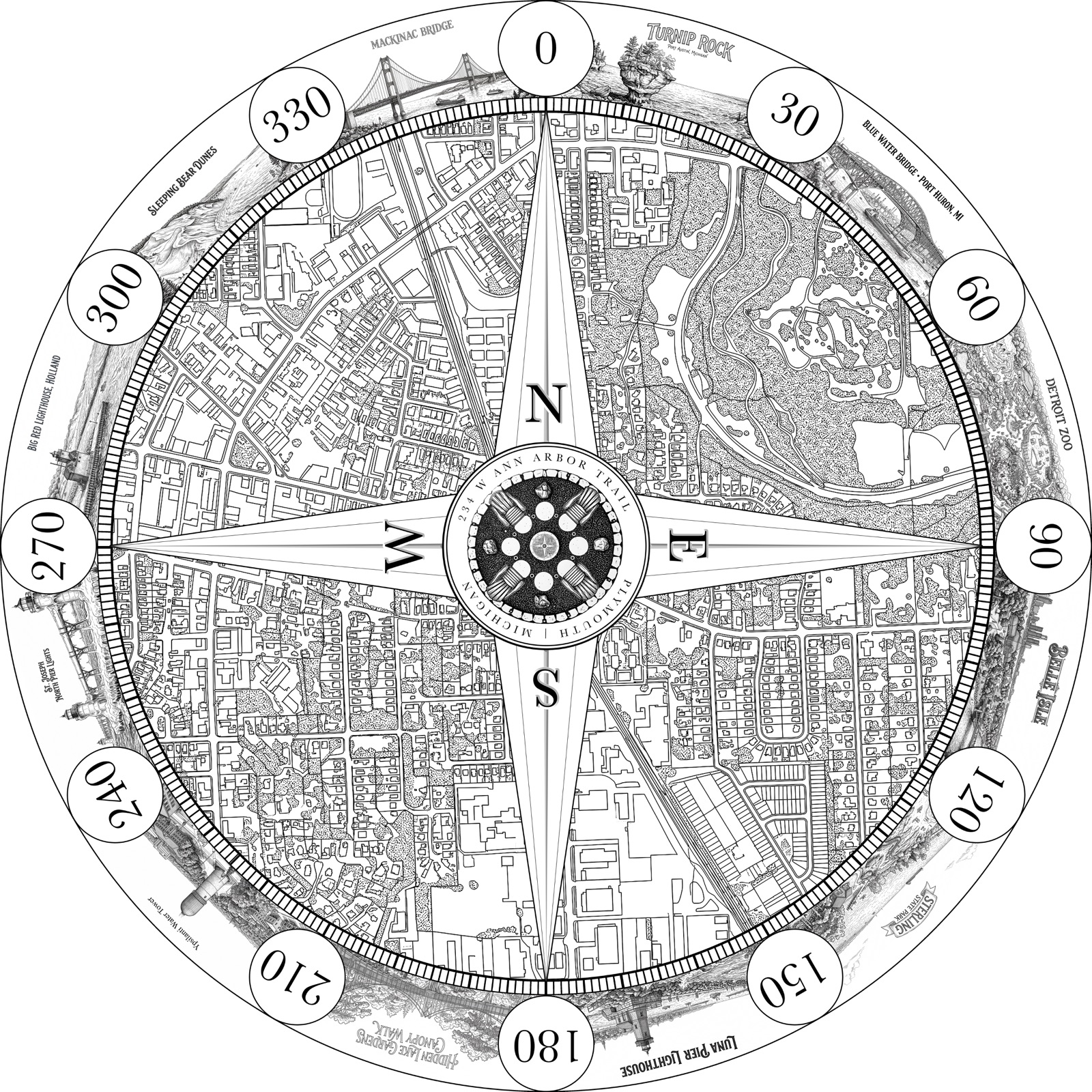 Compass rose over a detailed street map, designed for a firepit topper