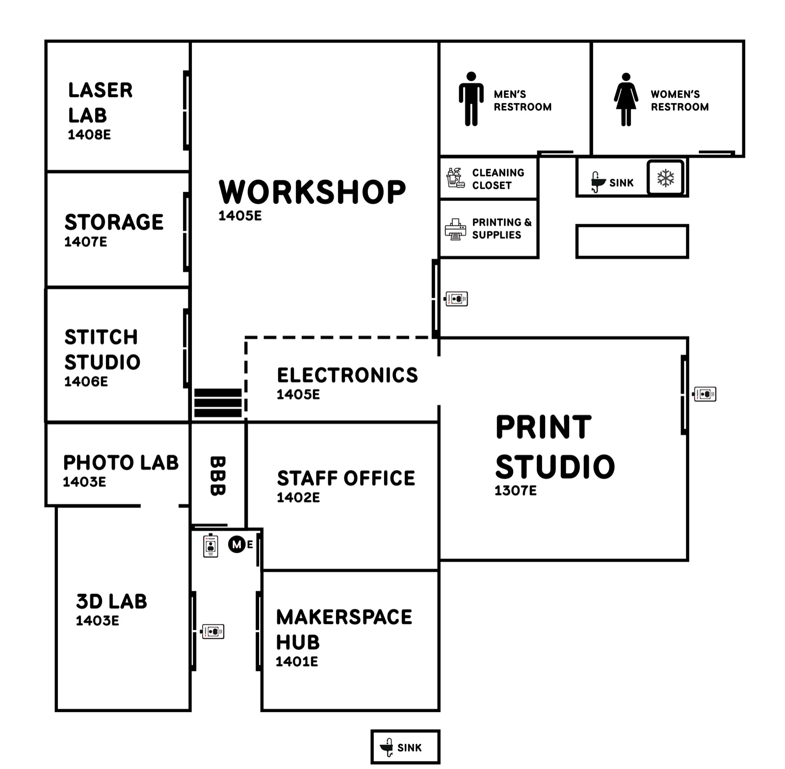 Black and white floor map of the Makerspace rooms