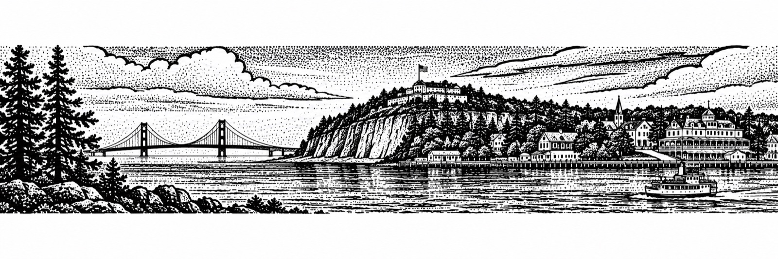 Engraving-style landscape of a bridge and wooded island