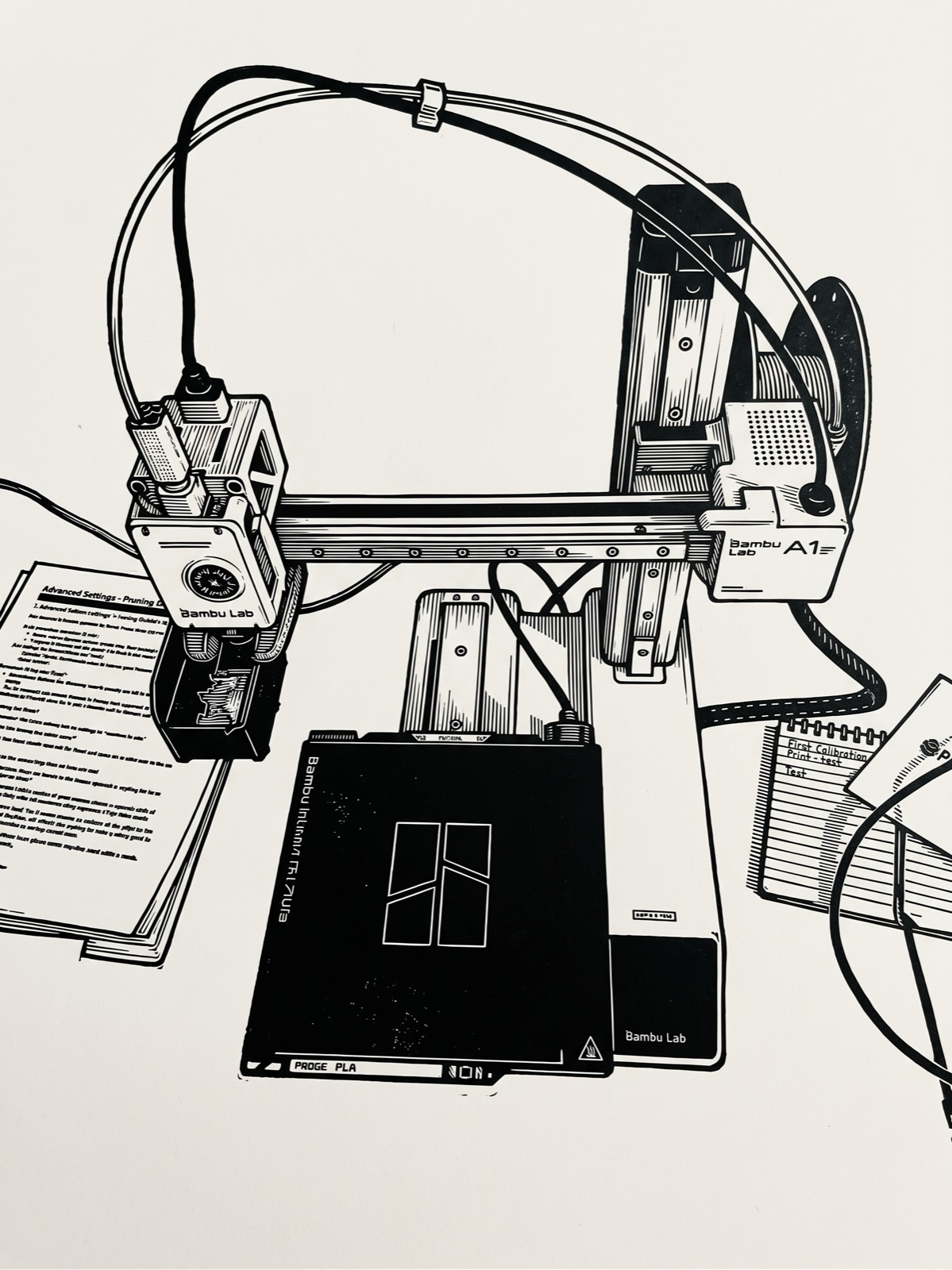 Pen-and-ink drawing of a 3D printer and its manual